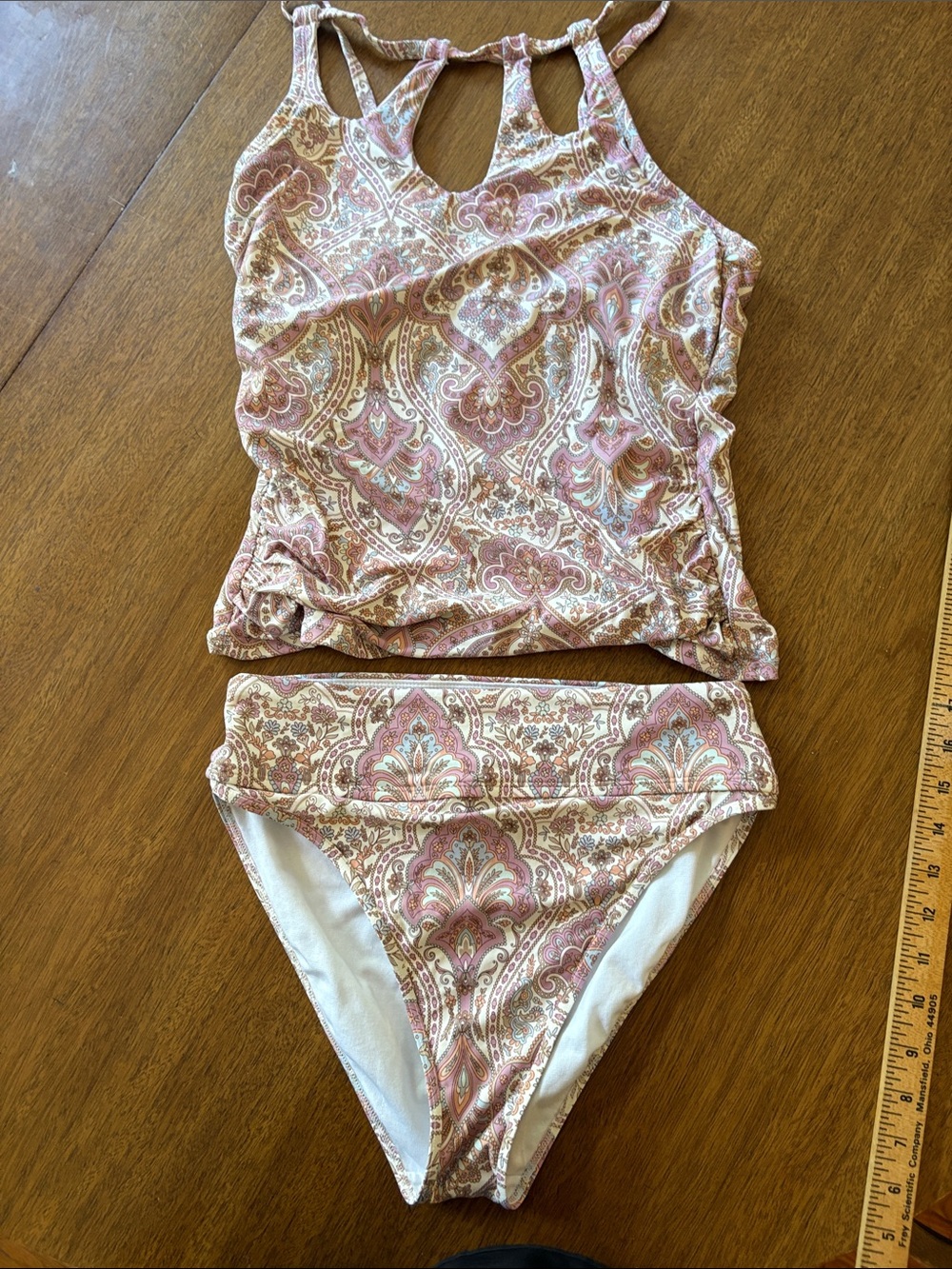Ruched Paisley Tankini Set - Pink & Cream